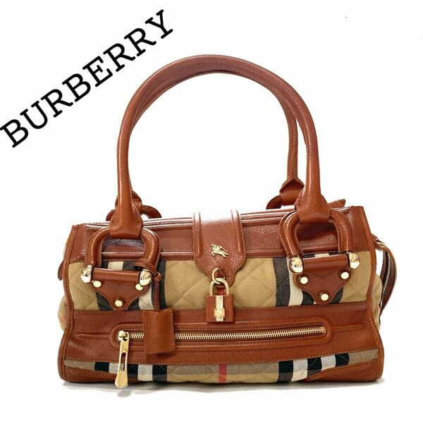 【送料無料】burberry バーバリー ミニボストンバッグ　チェック柄　ハンドバッグ　トートバッグ　レザー　南京錠　キルティング　カバン