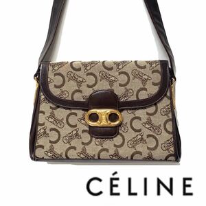 【送料無料】celine セリーヌ マカダム柄　ショルダーバッグ キャンバスレザー　ロゴ　斜め掛け　レア品　馬車金具　レディース