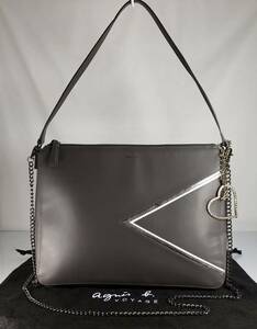  beautiful goods Agnis b pretty 2WAY formal * party etc. iPad storage fine quality original leather light weight Courreges hand & shoulder bag.. Logo charm attaching.