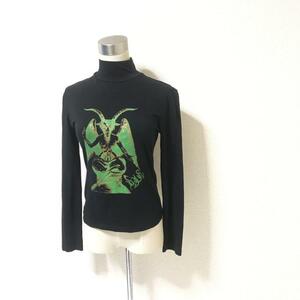 希少★VERSACE ヴェルサーチ ★レディース バフォメットプリント 長袖 ハイネック Tシャツ カットソー 黒 ブラック ゴス M 管:B:02