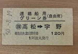 硬券 802 完全常備券 連絡船用 グリーン券（自由席）（讃）高松→宇野 阿波丸発行 昭和50年 NO.5667