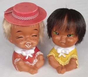昭和 レトロ ソフビ 人形 貯金箱 2点 日本製 赤ちゃん 女の子 女児 色黒 クロンボ そばかす 笑顔 不機嫌 ビンテージ ラバードール