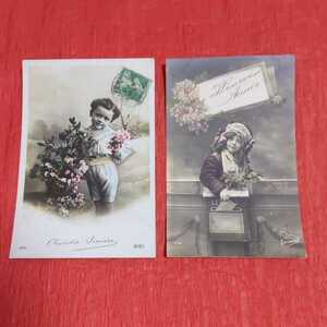 ヴィンテージ・ポストカード（B） アンティーク絵葉書 ２枚セット 切手付き こども 少年&少女 イギリス1900年代