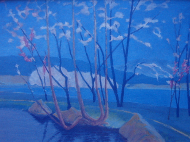饭田雄三, [湖边樱花], 来自罕见的装裱艺术收藏, 包含新框架, 状况良好, 已含邮费, 绘画, 油画, 自然, 山水画
