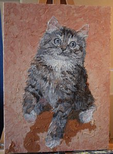 Art hand Auction 半分お手 ネコ 猫 油絵 F4号 #378, 絵画, 油彩, 動物画