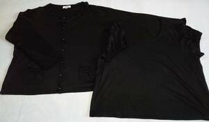 JURAjula lady's made in Japan ensemble cardigan / long sleeve summer sweater?/ short sleeves thin? black plain dress length 61 large easy F3 4L close 