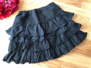 mezzo piano Mezzo Piano lady`s 4 step frill knitted flared skirt 130 black race new goods unused 