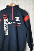 ☆90s 古着 Champion チャンピオン スウェット トレーナー ハイネック ジップアップ ラバープリント ネイビー紺【160(S)】裏起毛◆2875◆_画像1