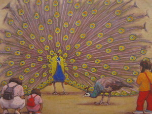 Art hand Auction Masayoshi Aigasa [Au zoo], Mère et enfant regardant des paons] Tiré d'un rare livre d'art encadré, Bonne condition, Tout neuf, encadré de haute qualité, livraison gratuite, peinture, peinture à l'huile, Nature, Peinture de paysage