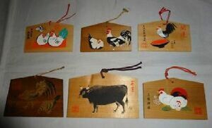 Art hand Auction Rare Vintage Shinto Shrine Buddhist Temple Chicken Cow Ema 6-piece Set Prayer Dedication Painting Japanese Painting Antique Art, antique, collection, miscellaneous goods, others