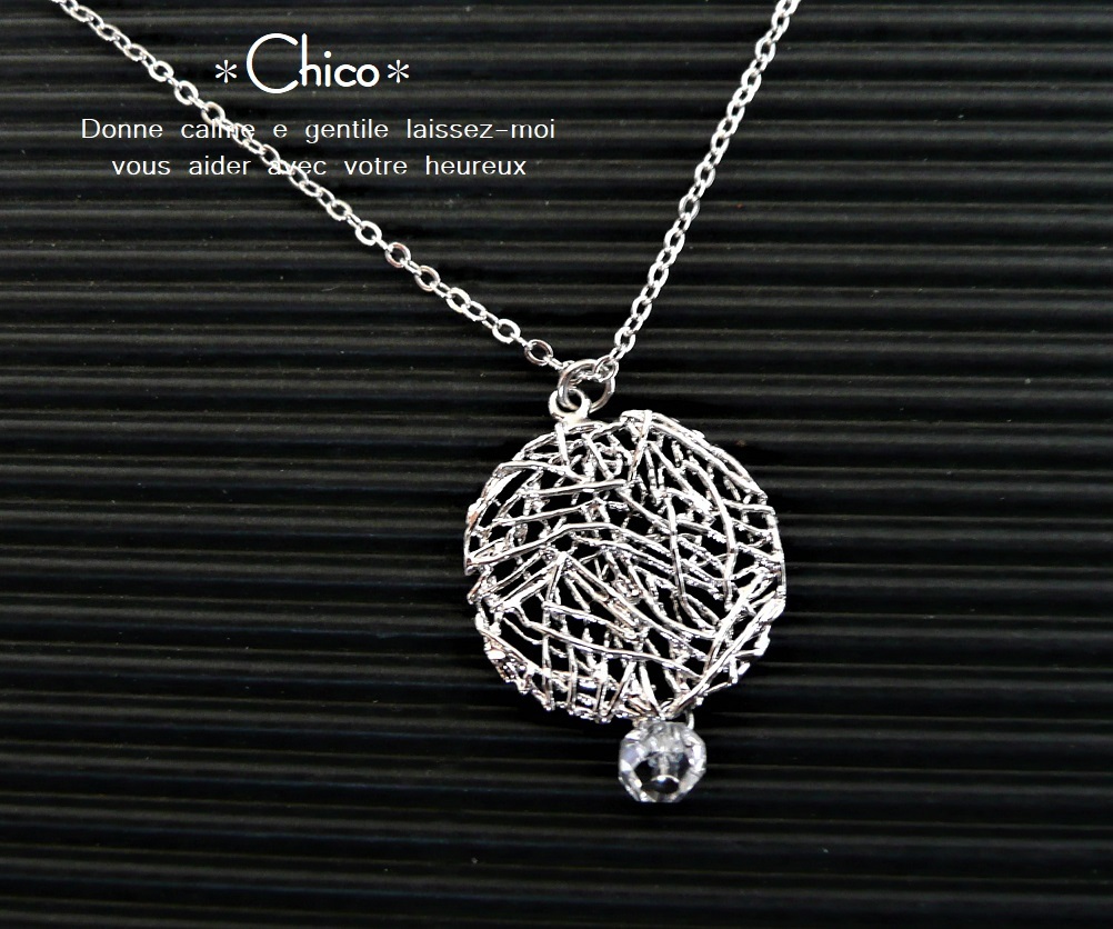 ■44cm■ [Genuine Rhodium Chain] Mesh Design Flat Round & Crystal Simple Handmade Necklace ♪ ★Free Shipping for 2 or more items!, Women's Accessories, necklace, pendant, Silver