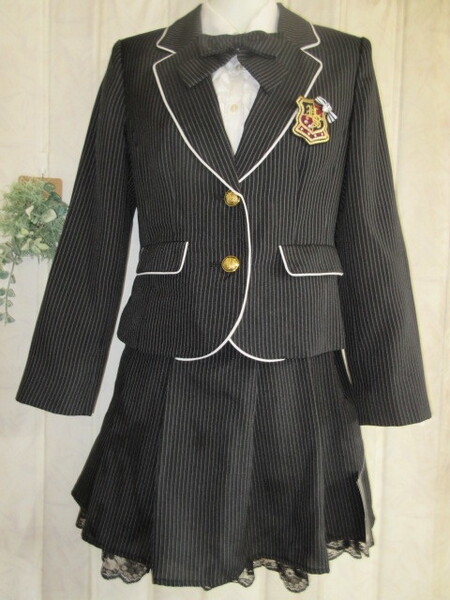 ☆新品【150】蝶ネクタイブラウス&ワッペン付ジャケット&裾レーススカート★セットスーツ★送料無料★
