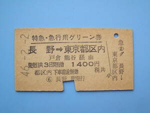 (Z343) 切符 鉄道切符 国鉄 硬券 乗車券 特急・急行用 グリーン券 長野 → 東京 46-2-2 長野駅 発行
