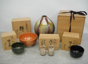 【NH380】京焼 清水焼 5点セット 新開貴夫 彩 花瓶 赤金彩 鉢 菓子鉢 抹茶碗 黒楽 青釉 昌久 鶴 組湯呑 夫婦湯呑 茶道具