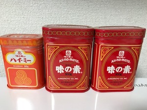 当時物 1970年代頃 AJI・NO・MOTO 味の素 旧式 缶パッケージ 100g 2個 ハイ・ミー50g セット デッドストック ブリキ缶 昭和レトロ 希少