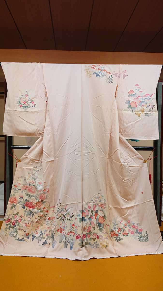 新 Homongi 11 粉色花朵, 鸟类, 风月纹 手绘 真丝 京友禅 京加贺绉绸 现代 未剪裁 未使用 舞台服装 出租 旧布 翻拍, 女士和服, 和服, 探访礼服, 不合身