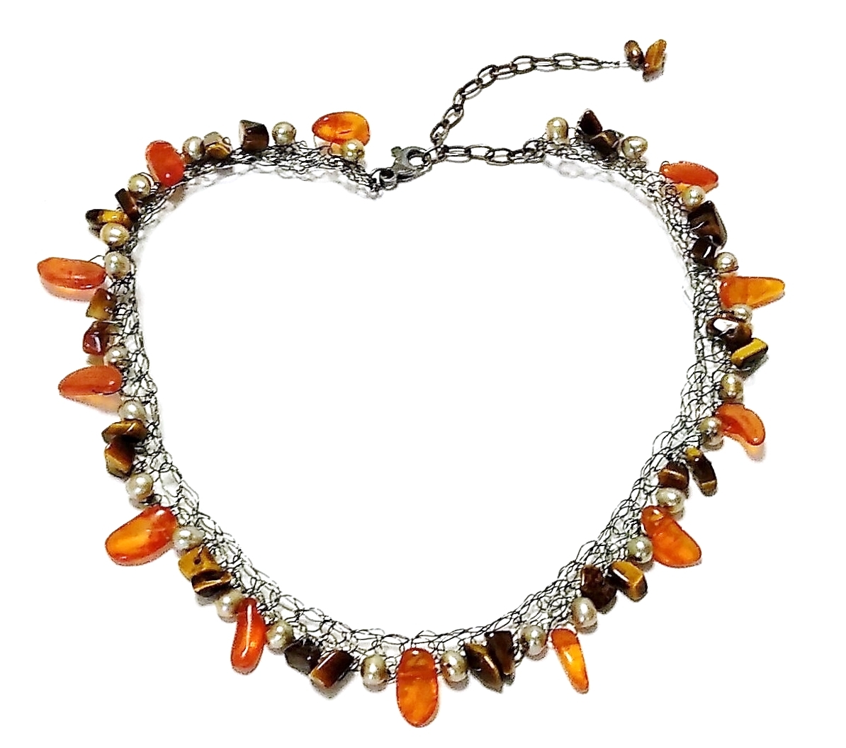 ★Handmade★One of a kind★Amber and tiger eye sterling silver braided necklace, necklace, pendant, Colored Stones, amber, amber