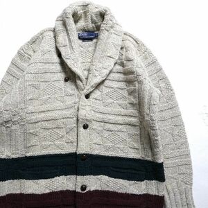 90's 00's Polo Ralph Lauren рука вязаный окантовка шаль цвет шерсть кардиган (M) ручной вязки 90 годы 00 годы старый бирка Old 