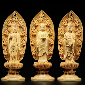 「寺院用仏具」仏教美術 阿弥陀如来三尊立像 ヒノキ檜木 観音菩薩 木彫仏像 精密細工 仏師手仕上げ品 高さ約43ｃｍ
