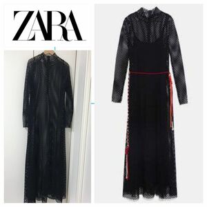 ZARA ハイネック　ドレス　メッシュ　マキシワンピース レイヤード　ベルトなしインナーなし　ロングワンピース マキシ丈 L 20210313