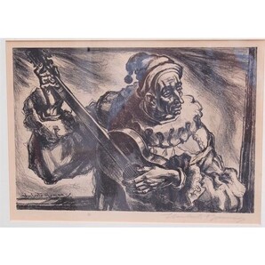 K3259*1970's*Umberto Romano ピエロ ギター*アート リトグラフプリント*アーティスト作品*芸術 美術 額縁 フレーム付き DIY ポスター NYC
