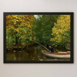 Art hand Auction Brendekilde Boy Fishing Painting Art Glossy Poster A3 Bar Cafe Classic Interior Landscape Forest Stream Boat Small Boat, Housing, interior, others