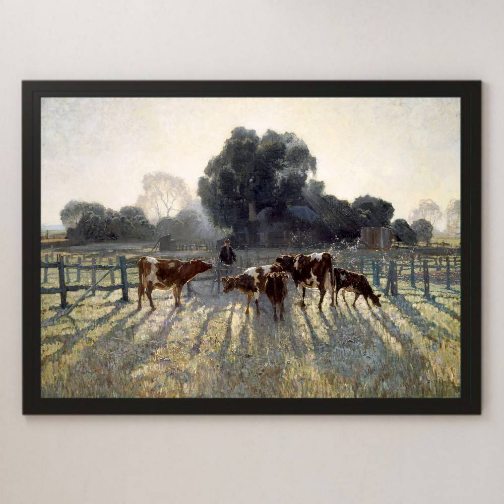 Elios Gruner Spring Frost Painting Art Glossy Poster A3 Bar Cafe Classic Interior Landscape Painting Sunrise Ranch Farm Farm Livestock Cow, residence, interior, others