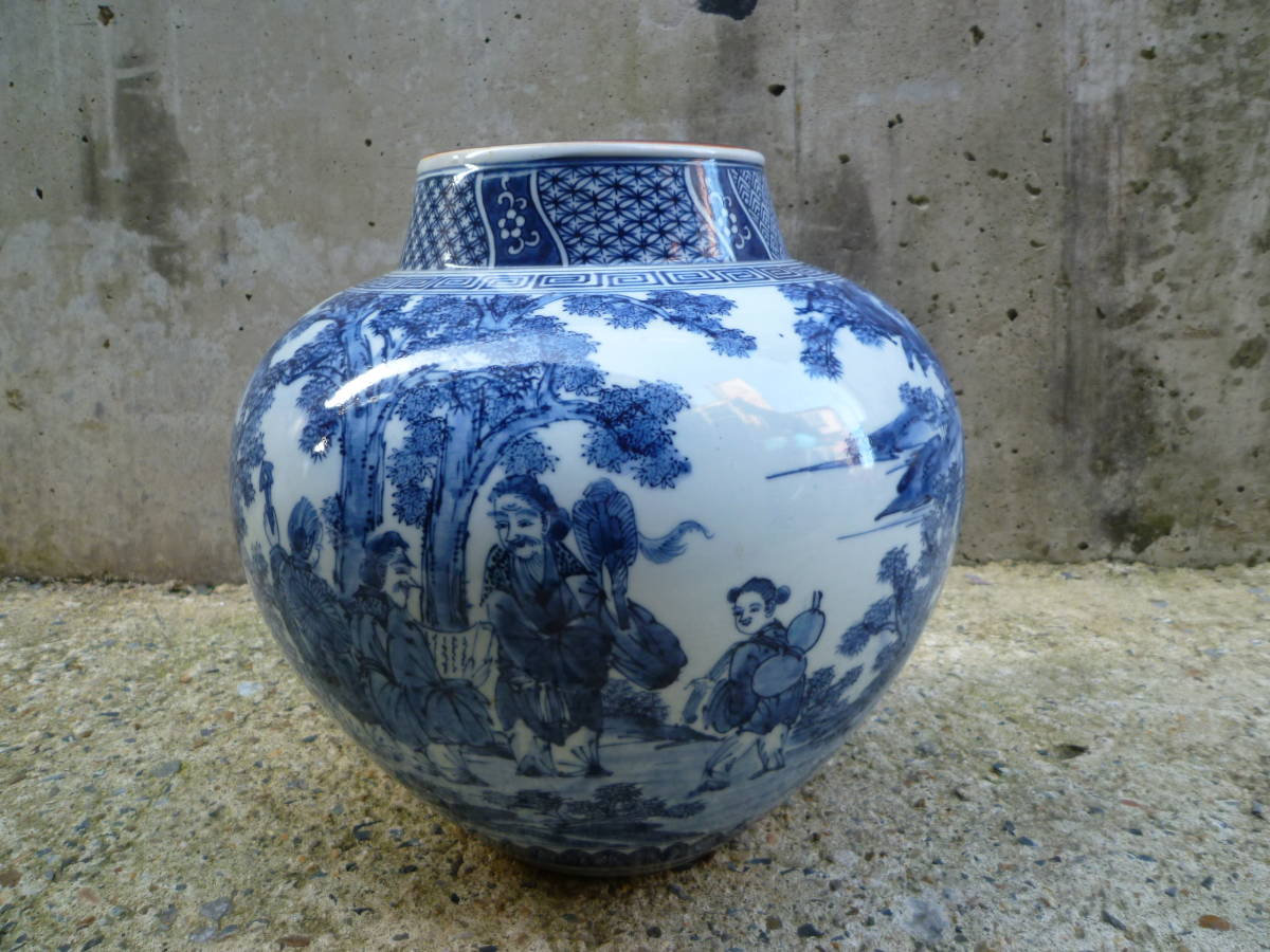 M7591 Kutani ware dyed vase, landscape, inscription, vase, hand-painted vase, flower arrangement, porcelain, pottery, diameter 35cm, height 30cm, Yu-Pack 120 size (0303), japanese ceramics, Kutani, vase, pot