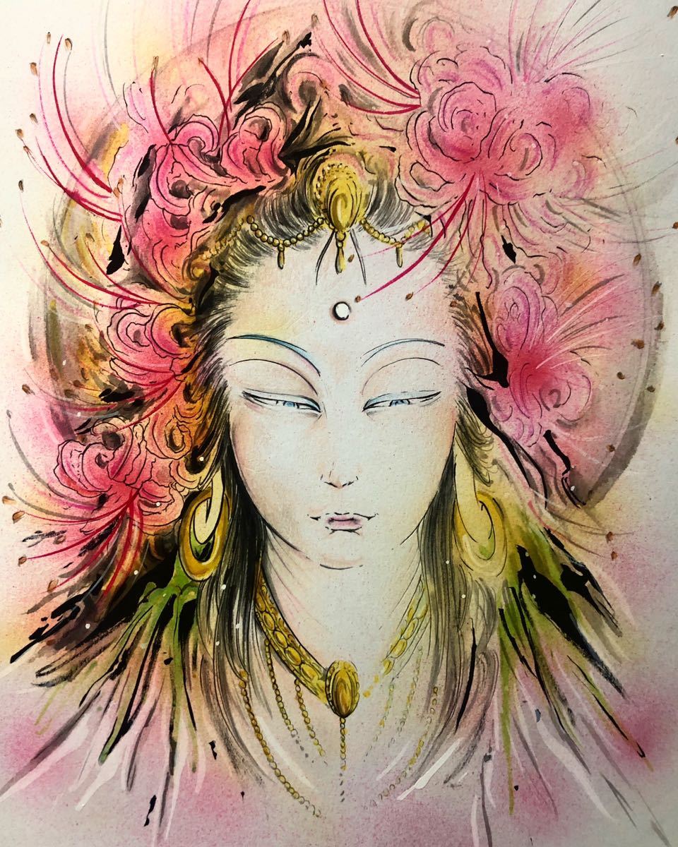 Pintura budista pintura en tinta Kannon-sama cluster amaryllis, cuadro, pintura japonesa, persona, Bodhisattva