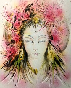 Art hand Auction Buddhist painting, ink painting, Kannon, red spider lily, Painting, Japanese painting, person, Bodhisattva