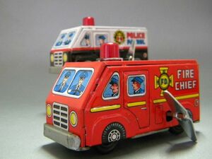 POLICE&FIRE CHIEF ★★日本製 ゼンマイ走行 方向転換 2台 !! 作動良好 10.5㎝ 消防車＆パトカー「定形外/LP可」★★未使用 デッドストック