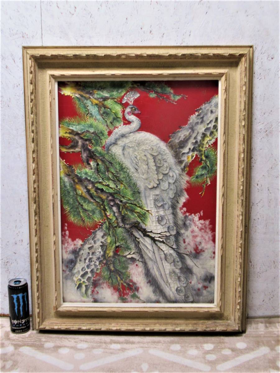 ■Auteur inconnu ■Image inégale de pin et de paon blanc Encadrée approx. 82 x 63 cm Pin/paon, peinture, Peinture japonaise, fleurs et oiseaux, oiseaux et bêtes