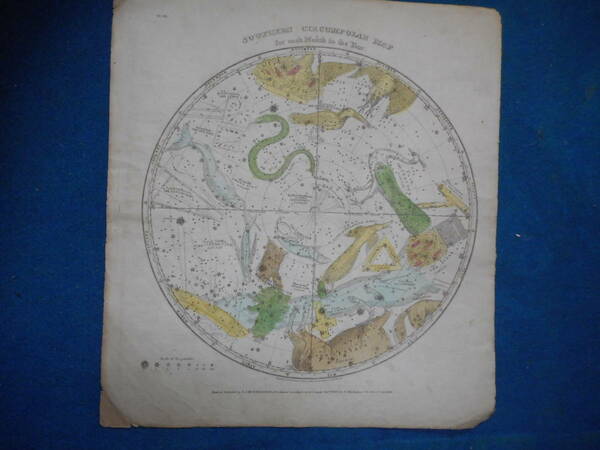 即決　アンティーク、天文、天体、星座早見盤、手彩色銅版画、星図、1835年『バリット星図南天』Star map, Planisphere, Celestial atlas