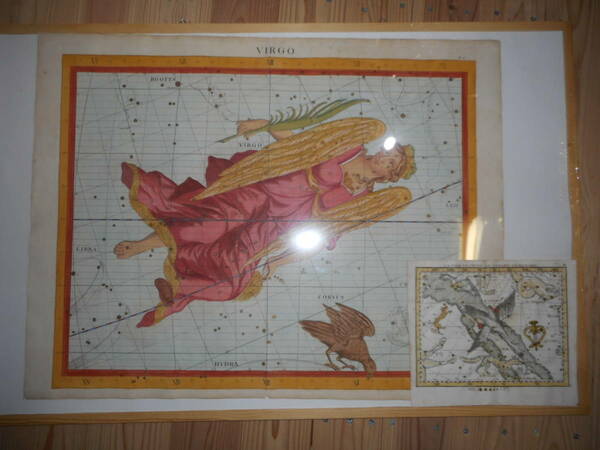 即決1781年『フラムスチード星図おとめ座他』アンティーク、天文、星座早見盤、手彩色銅版画、Star map, Planisphere, Celestial atlas
