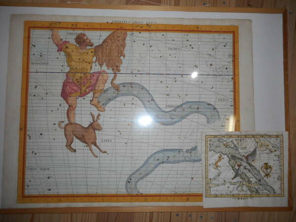 即決　アンティーク、天文、星座早見盤、手彩色銅版画、1781年『フラムスチード星図オリオン座他』Star map, Planisphere, Celestial atlas