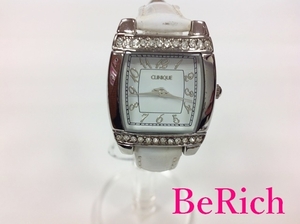  Clinique CLINIQUE lady's wristwatch white white face SS leather rhinestone quartz QZ watch [ used ]ht2656