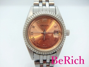  black ton CROTON lady's wristwatch RT-132L orange face SS silver Date quartz watch QZ [ used ] ht3114