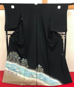 Art hand Auction [Kinuto] Envío gratuito, kimono formal negro con tapeta oculta, tamaño 18-3, Kashiwadaya, yuzen pintado a mano, firma, crepé de hama, con revestimiento protector, Se adaptará después de una oferta exitosa., vídeo del producto disponible, moda, kimono de mujer, kimono, tomesode