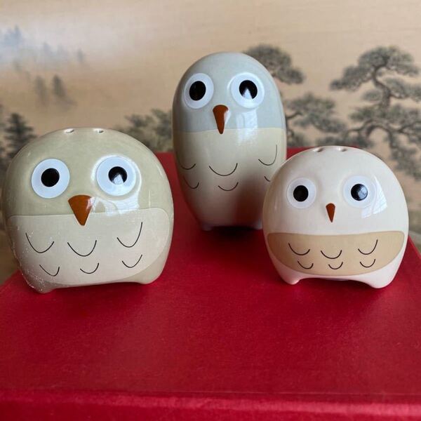 フクロウ調味料入れ【陶器】3個セット/美品