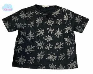 【Party heart】花柄 Tシャツ 半袖 トップス ブラック レトロ 上品 レディース 女性服 M-Lサイズ