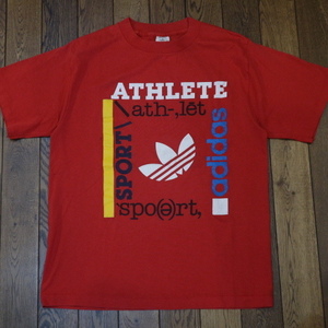 80s USA製 adidas アディダス Tシャツ L レッド 半袖 トレフォイル ロゴ Athlete Sport ヴィンテージ