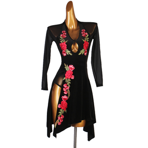 NEW　レディースラテンドレス　社交ダンス衣装　サイズ調整可　可愛い花柄ン飾り　ブラック　サイズS～XXL
