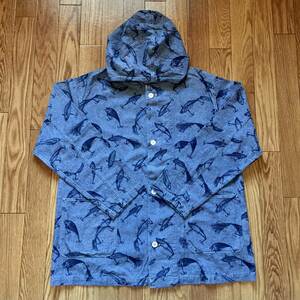 希少 NEPENTHES new york ネペンテス ニューヨーク SHIRT PARKA-CO CHAMBRAY ルアー柄フードシャンブレーシャツ Sサイズ USA アメリカ製