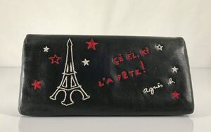 美品 agnes b VOYAGE アニエス・ベー 可愛い 2つ折り小銭入れ付き ブラック&レレッド 本革レザー 星形プル付き 軽量 長財布 です。