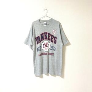1997年★90s PRO PLAYER MLB ニューヨーク・ヤンキース★半袖 Tシャツ ビッグプリント グレー シングルステッチ size L 管:B:03
