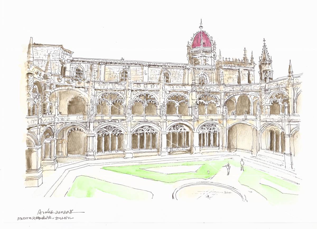 Weltkulturerbe-Stadtbild/Portugal/Lissabon/Jerónimos-Kloster/F4-Zeichenpapier/Original-Aquarellgemälde, Malerei, Aquarell, Natur, Landschaftsmalerei