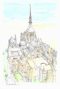 Art hand Auction European cityscape/France/Mont Saint Michel/F4 drawing paper/watercolor original painting, painting, watercolor, Nature, Landscape painting