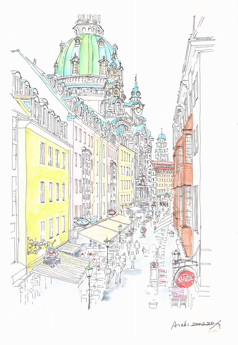 Городской пейзаж всемирного наследия/Дрезден, Германия 1/F4 бумага для рисования/акварель оригинальная картина, рисование, акварель, Природа, Пейзаж