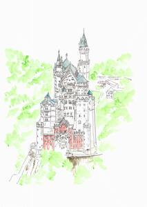 Art hand Auction World Heritage Cityscape, Germany, Neuschwanstein Castle, F4 drawing paper, original watercolor painting, Painting, watercolor, Nature, Landscape painting