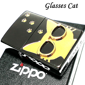 ZIPPO 猫 ライター サングラス 可愛い ジッポ ネコ ユニーク 足跡 ブラックニッケル キャット メタル貼り 金差し 女性 ギフト